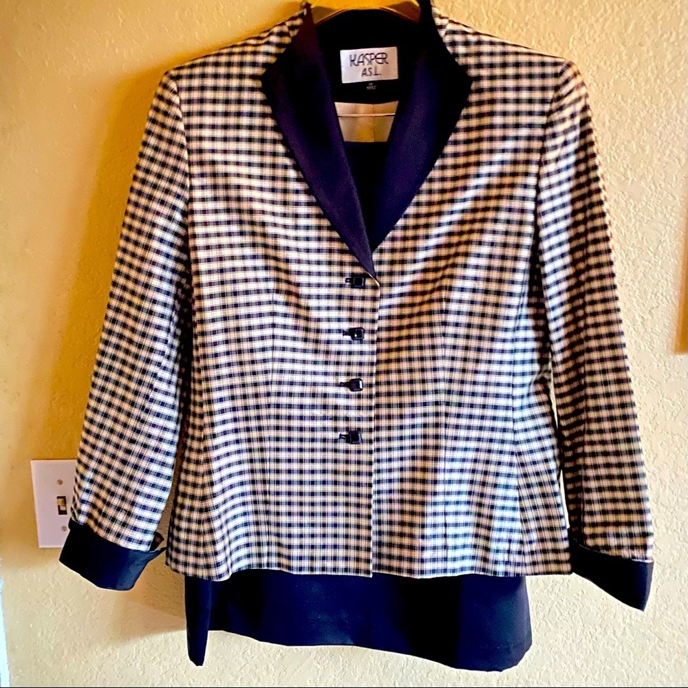 kaster A.S.L., plaid suit, color black/cream, size 10.